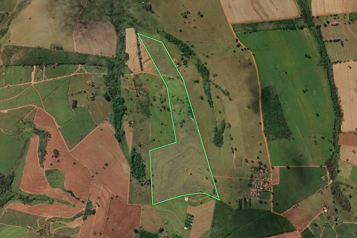 Imagem de satélite do imóvel rural em Nhandeara (SP), com o contorno declarado no CAR desenhado por cima.