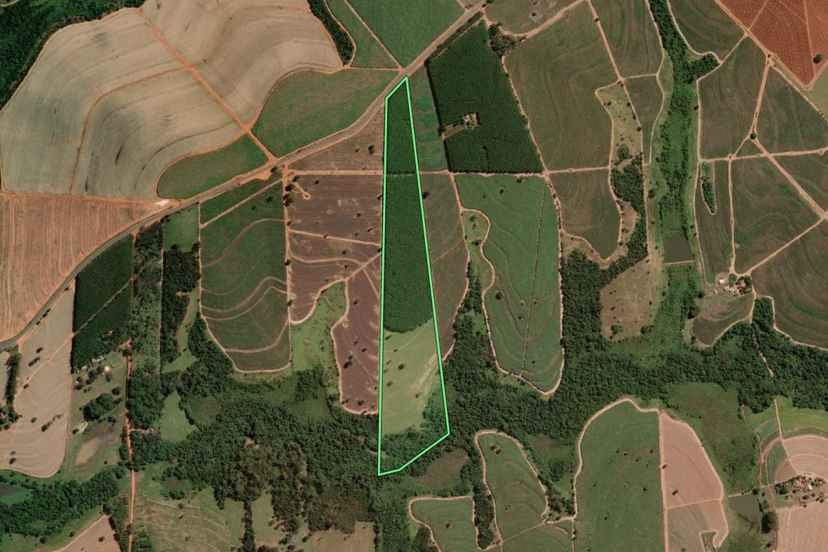 Imagem de satélite do imóvel rural em Nipoã (SP), com o contorno declarado no CAR desenhado por cima.