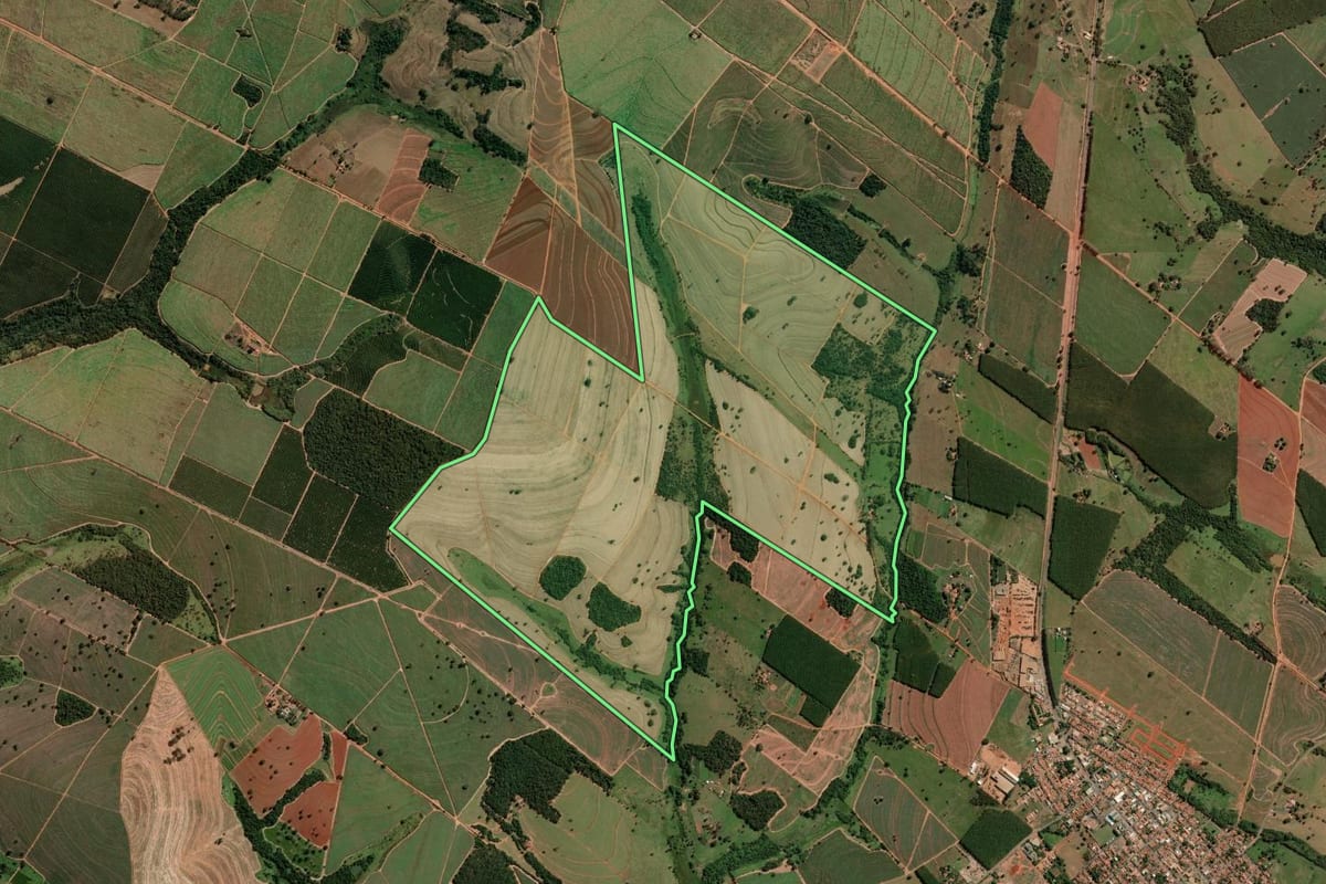 Imagem de satélite do imóvel rural em Nipoã (SP), com o contorno declarado no CAR desenhado por cima.
