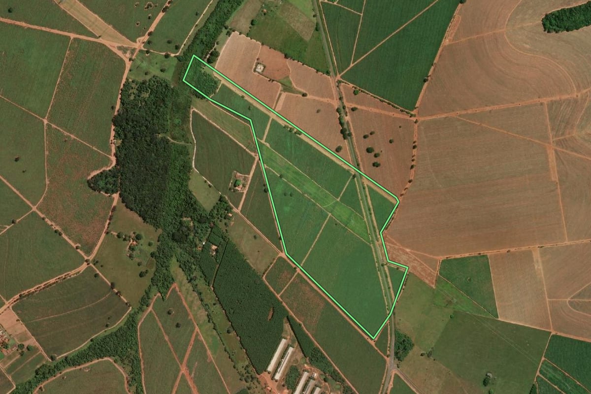 Imagem de satélite do imóvel rural em Nova Aliança (SP), com o contorno declarado no CAR desenhado por cima.