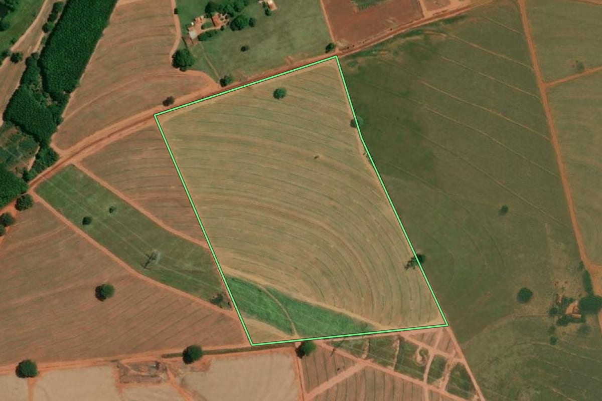 Imagem de satélite do imóvel rural em Nova Aliança (SP), com o contorno declarado no CAR desenhado por cima.