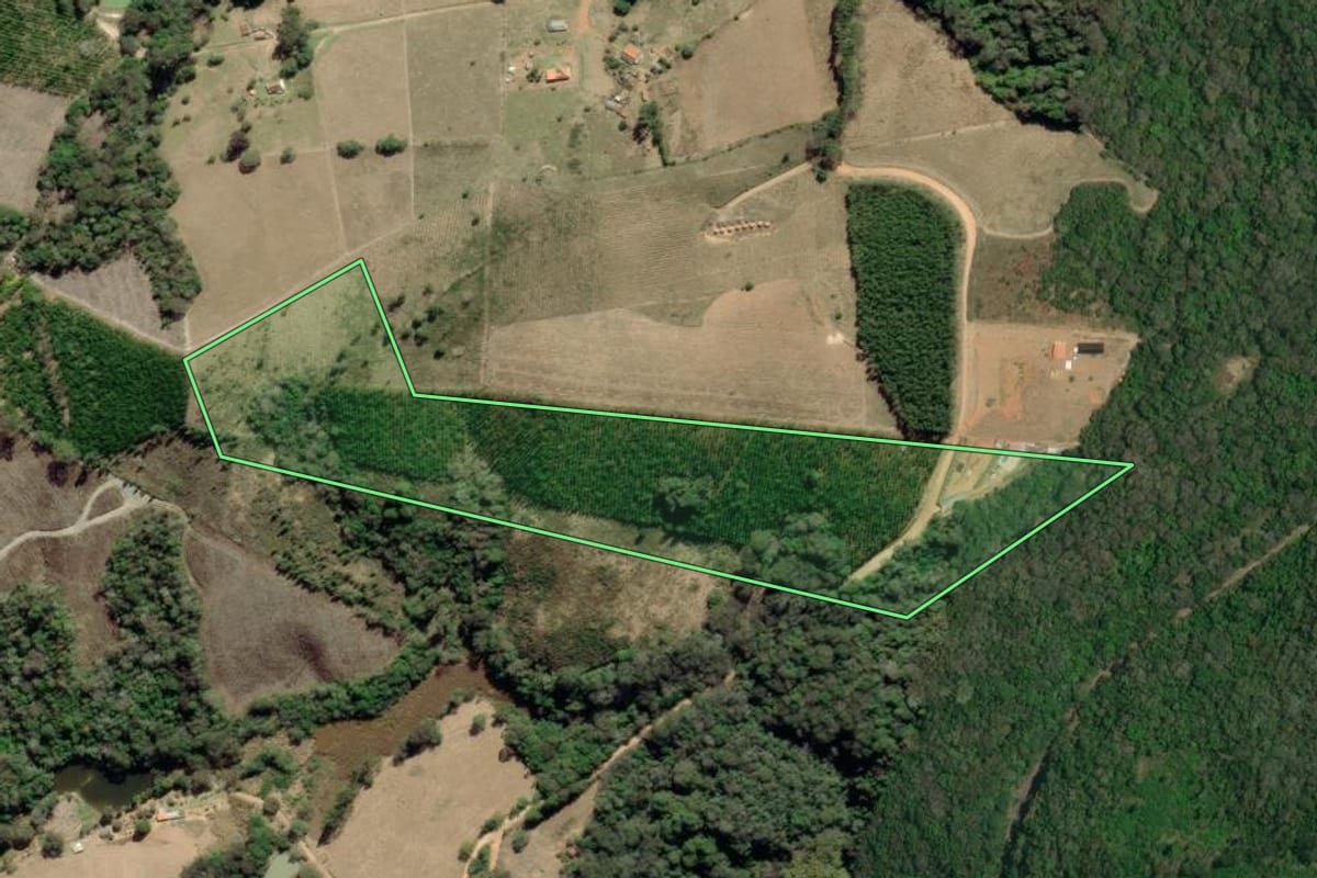 Imagem de satélite do imóvel rural em Nova Campina (SP), com o contorno declarado no CAR desenhado por cima.