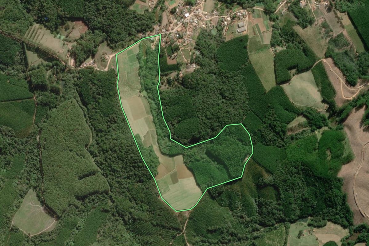 Imagem de satélite do imóvel rural em Nova Campina (SP), com o contorno declarado no CAR desenhado por cima.