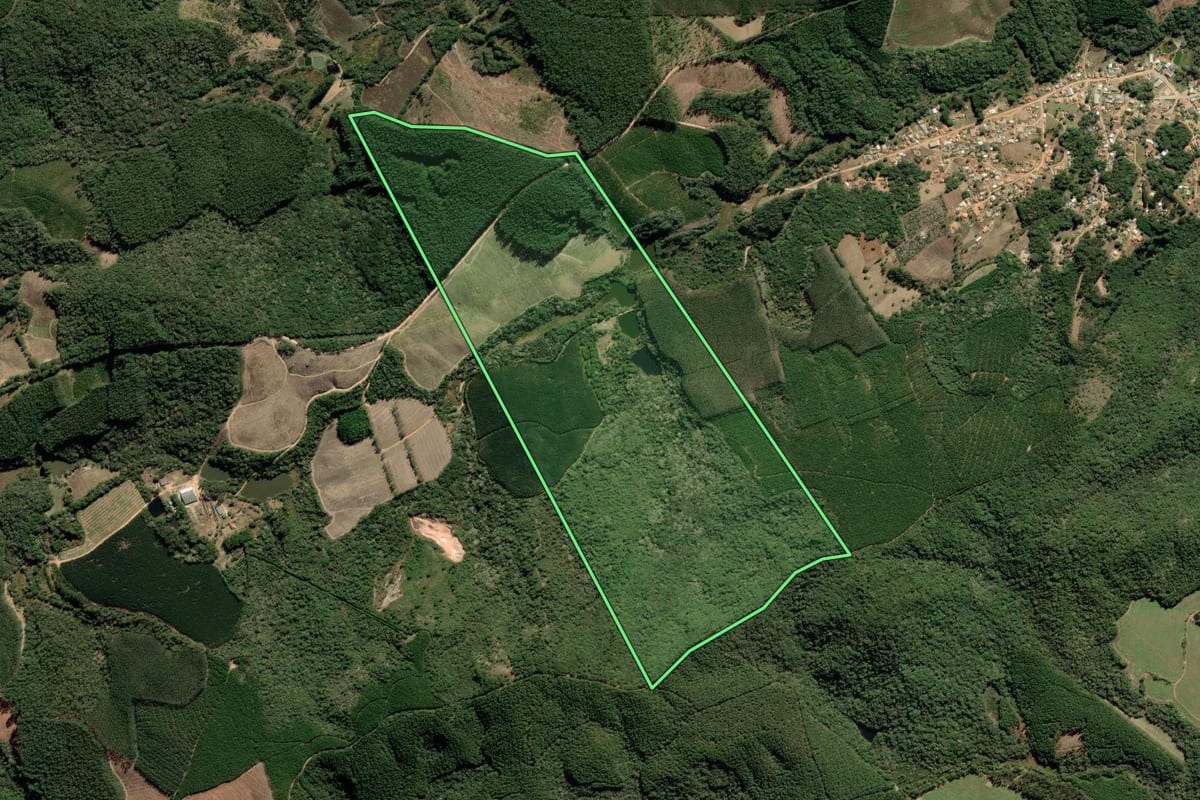 Imagem de satélite do imóvel rural em Nova Campina (SP), com o contorno declarado no CAR desenhado por cima.