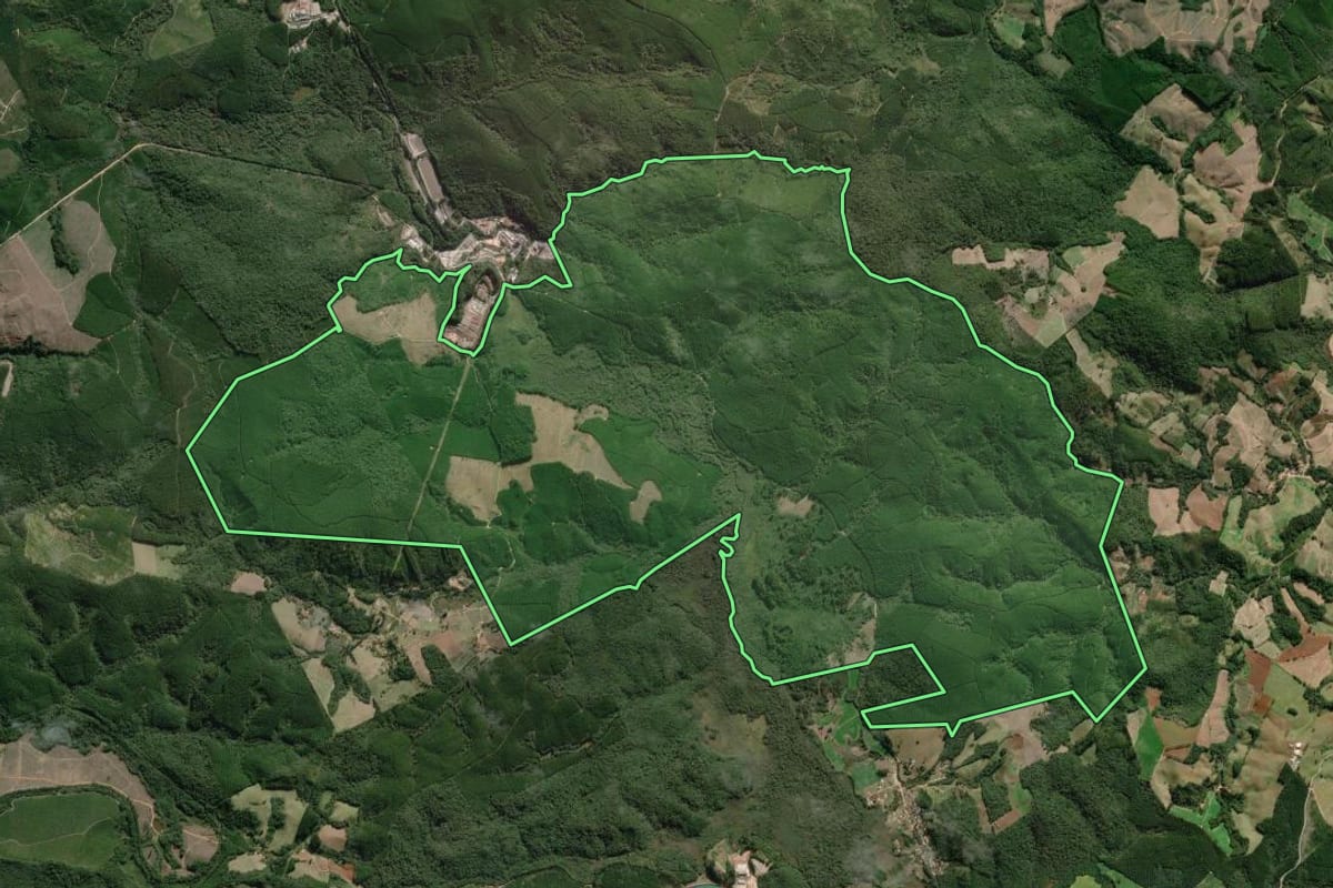 Imagem de satélite do imóvel rural em Nova Campina (SP), com o contorno declarado no CAR desenhado por cima.