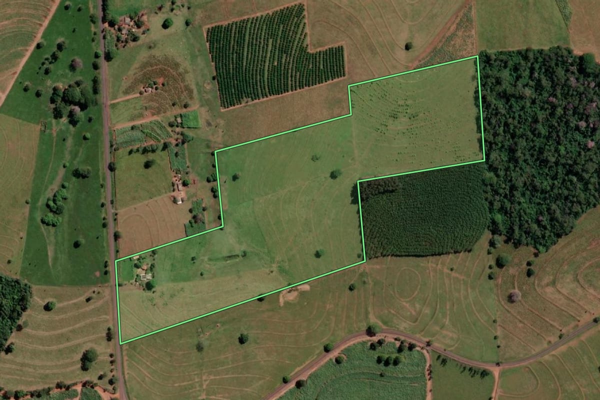 Imagem de satélite do imóvel rural em Nova Canaã Paulista (SP), com o contorno declarado no CAR desenhado por cima.