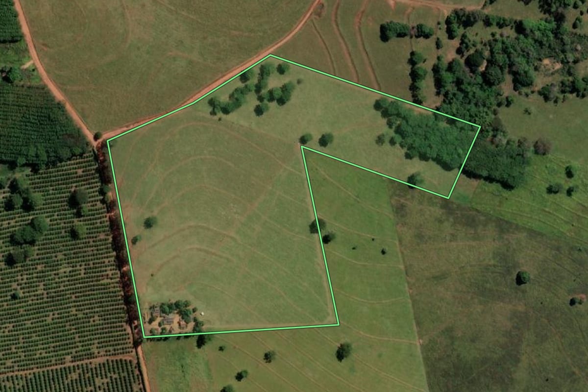Imagem de satélite do imóvel rural em Nova Canaã Paulista (SP), com o contorno declarado no CAR desenhado por cima.