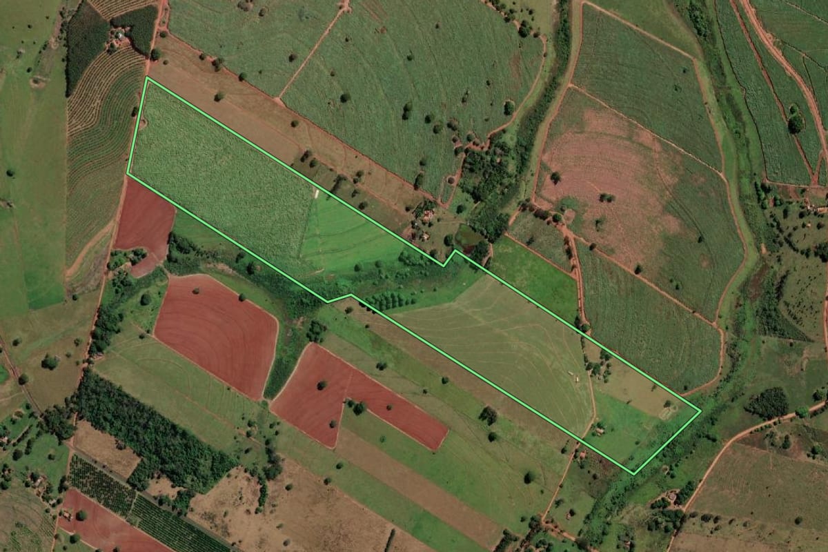 Imagem de satélite do imóvel rural em Nova Canaã Paulista (SP), com o contorno declarado no CAR desenhado por cima.