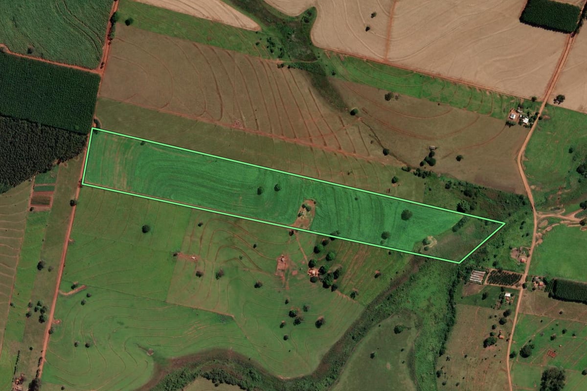 Imagem de satélite do imóvel rural em Nova Canaã Paulista (SP), com o contorno declarado no CAR desenhado por cima.