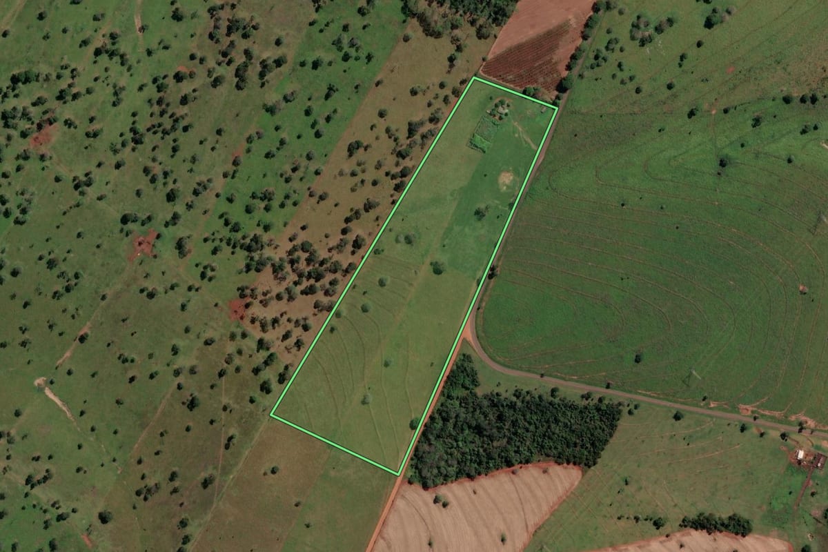 Imagem de satélite do imóvel rural em Nova Canaã Paulista (SP), com o contorno declarado no CAR desenhado por cima.