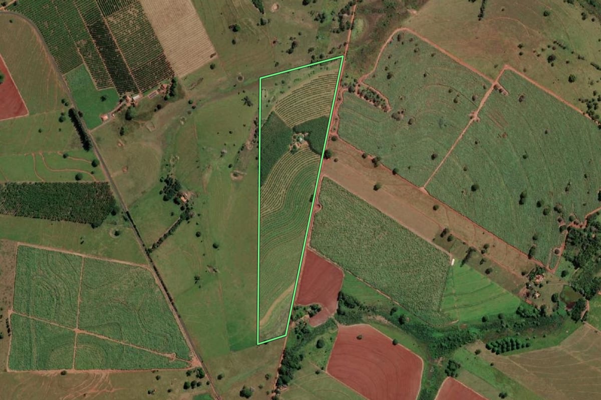 Imagem de satélite do imóvel rural em Nova Canaã Paulista (SP), com o contorno declarado no CAR desenhado por cima.