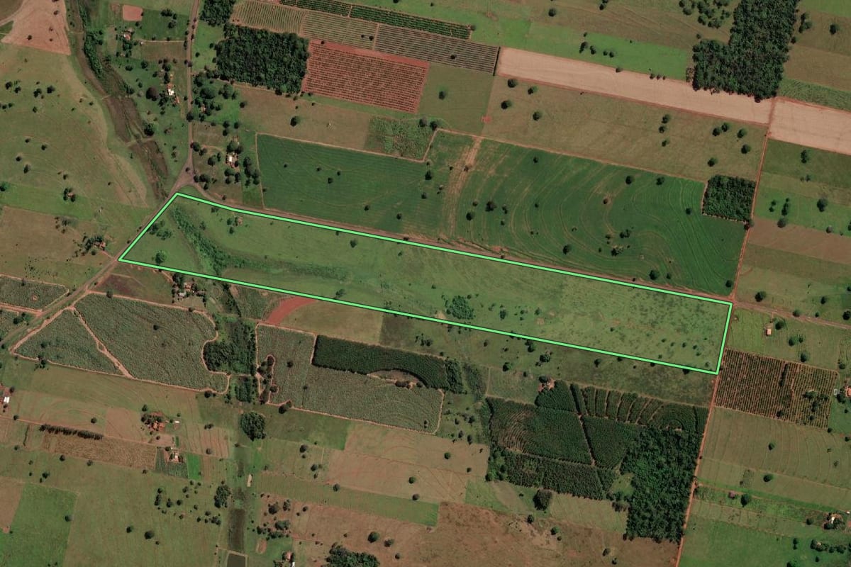 Imagem de satélite do imóvel rural em Nova Canaã Paulista (SP), com o contorno declarado no CAR desenhado por cima.
