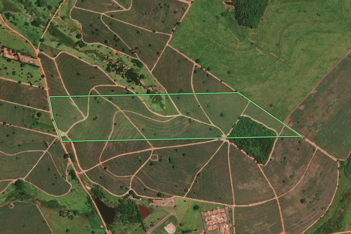 Imagem de satélite do imóvel rural em Nova Castilho (SP), com o contorno declarado no CAR desenhado por cima.