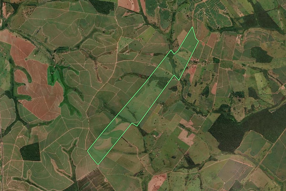 Imagem de satélite do imóvel rural em Nova Castilho (SP), com o contorno declarado no CAR desenhado por cima.