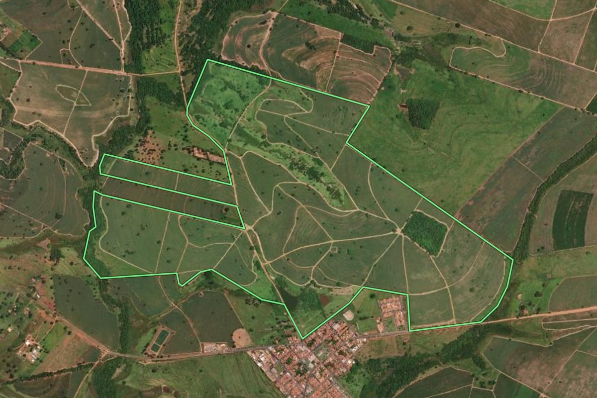 Imagem de satélite do imóvel rural em Nova Castilho (SP), com o contorno declarado no CAR desenhado por cima.