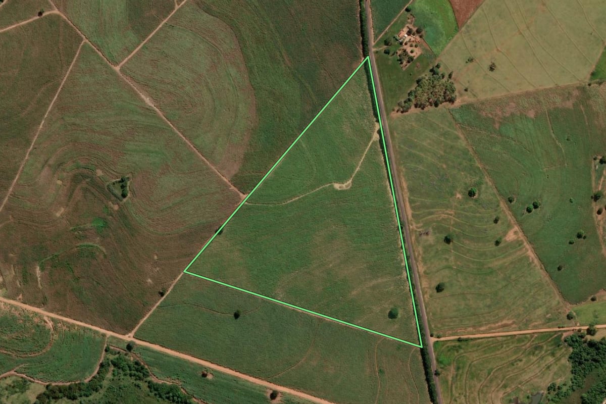 Imagem de satélite do imóvel rural em Nova Castilho (SP), com o contorno declarado no CAR desenhado por cima.