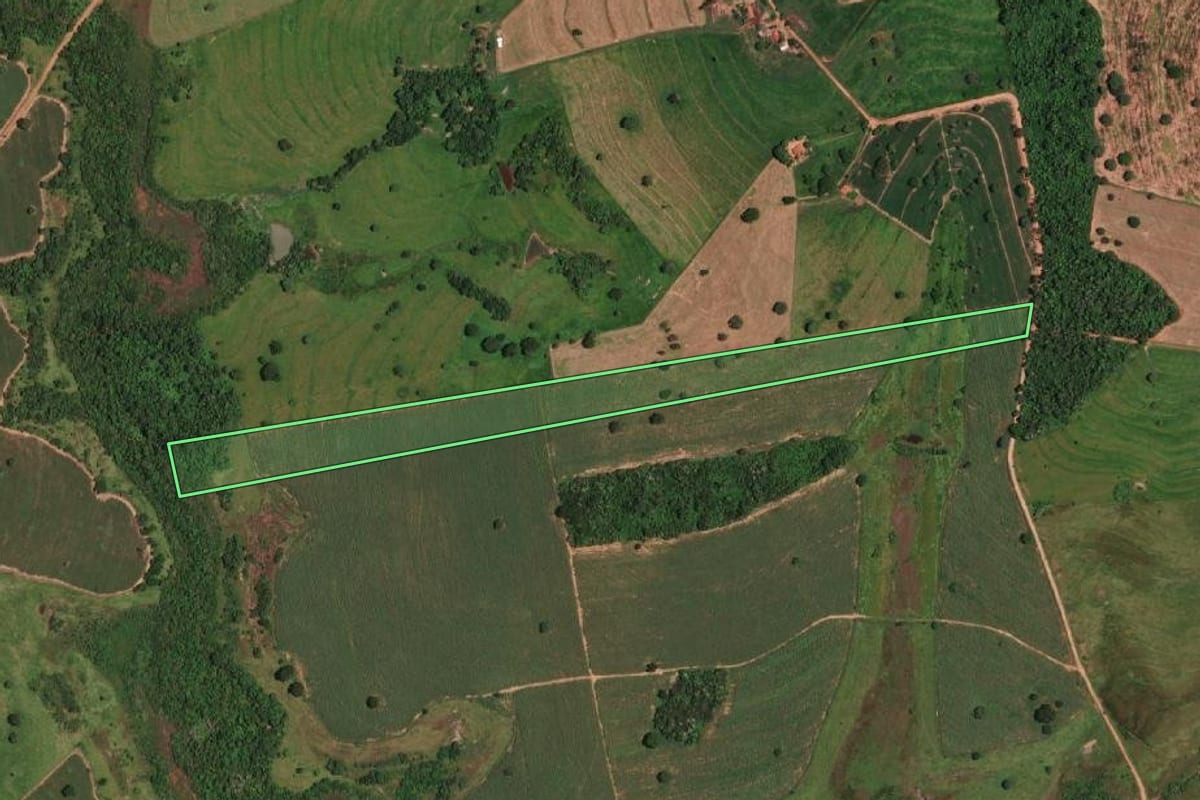 Imagem de satélite do imóvel rural em Nova Castilho (SP), com o contorno declarado no CAR desenhado por cima.