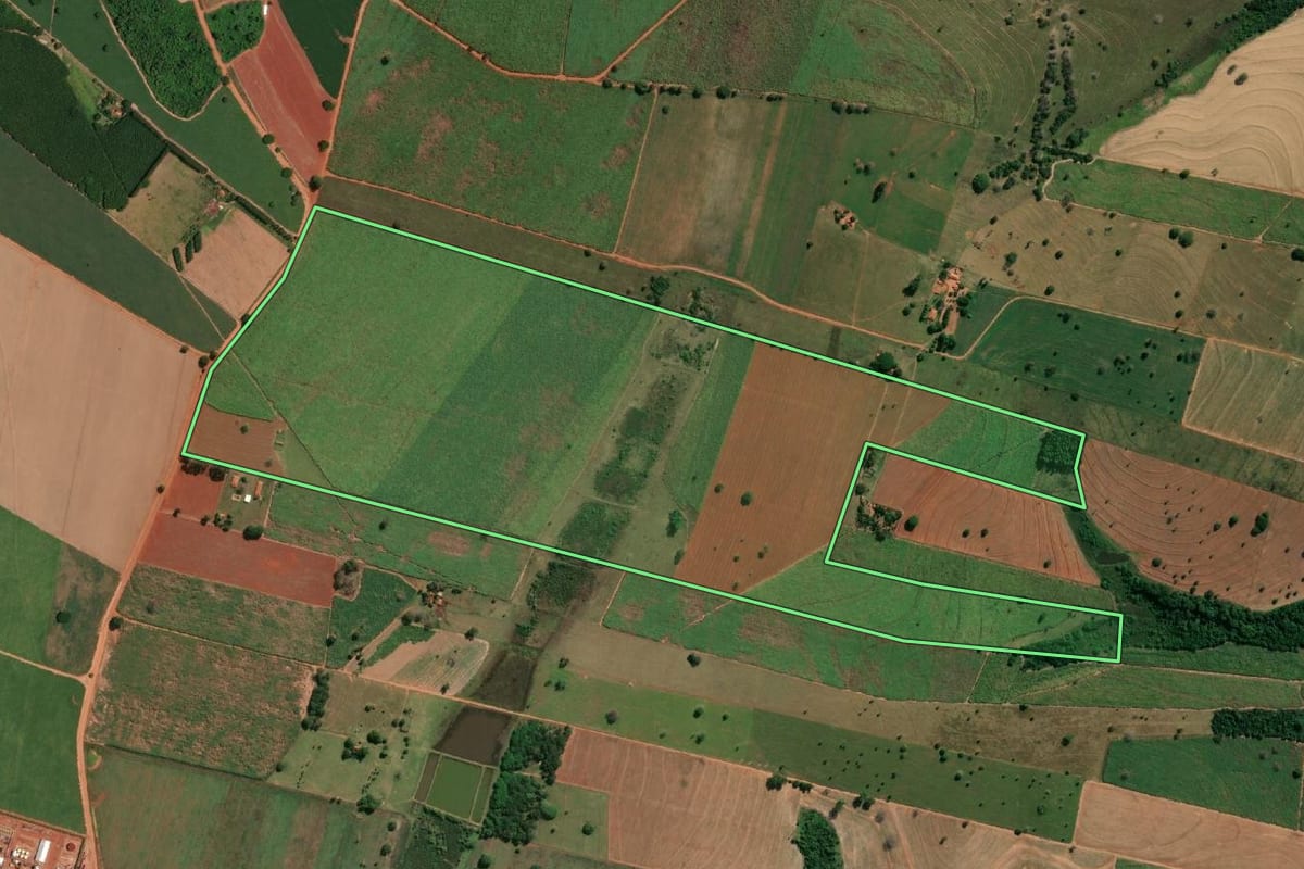 Imagem de satélite do imóvel rural em Nova Castilho (SP), com o contorno declarado no CAR desenhado por cima.