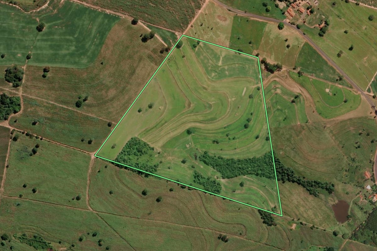 Imagem de satélite do imóvel rural em Nova Castilho (SP), com o contorno declarado no CAR desenhado por cima.