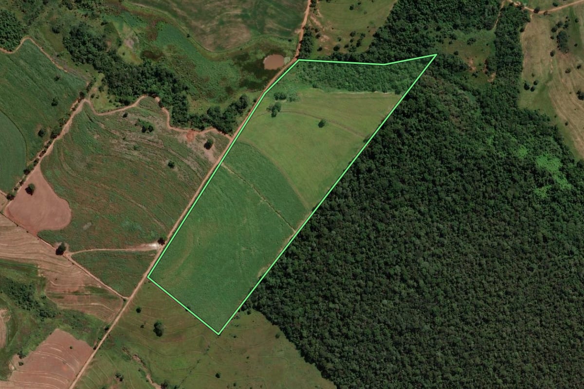Imagem de satélite do imóvel rural em Nova Castilho (SP), com o contorno declarado no CAR desenhado por cima.