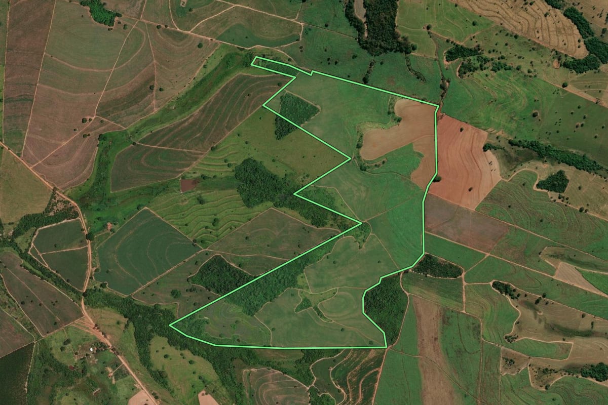 Imagem de satélite do imóvel rural em Nova Castilho (SP), com o contorno declarado no CAR desenhado por cima.