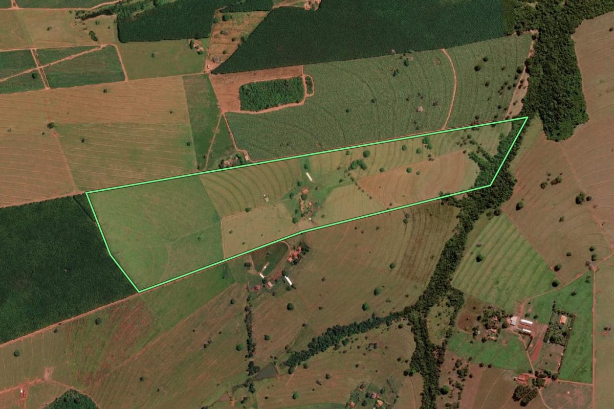 Imagem de satélite do imóvel rural em Nova Granada (SP), com o contorno declarado no CAR desenhado por cima.