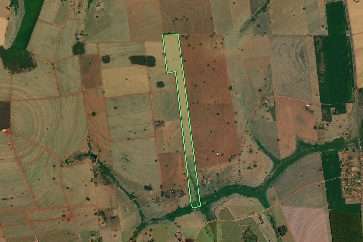 Imagem de satélite do imóvel rural em Nova Granada (SP), com o contorno declarado no CAR desenhado por cima.