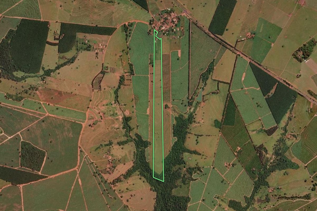 Imagem de satélite do imóvel rural em Nova Granada (SP), com o contorno declarado no CAR desenhado por cima.
