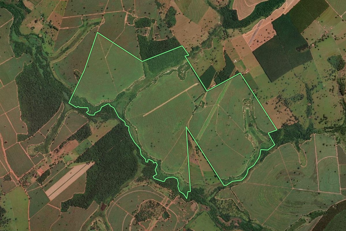 Imagem de satélite do imóvel rural em Nova Granada (SP), com o contorno declarado no CAR desenhado por cima.