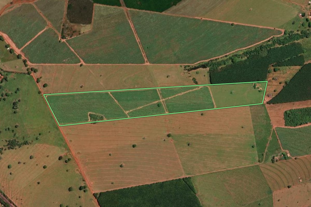 Imagem de satélite do imóvel rural em Nova Granada (SP), com o contorno declarado no CAR desenhado por cima.