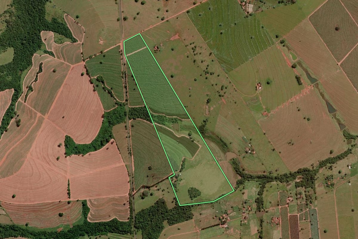 Imagem de satélite do imóvel rural em Nova Granada (SP), com o contorno declarado no CAR desenhado por cima.