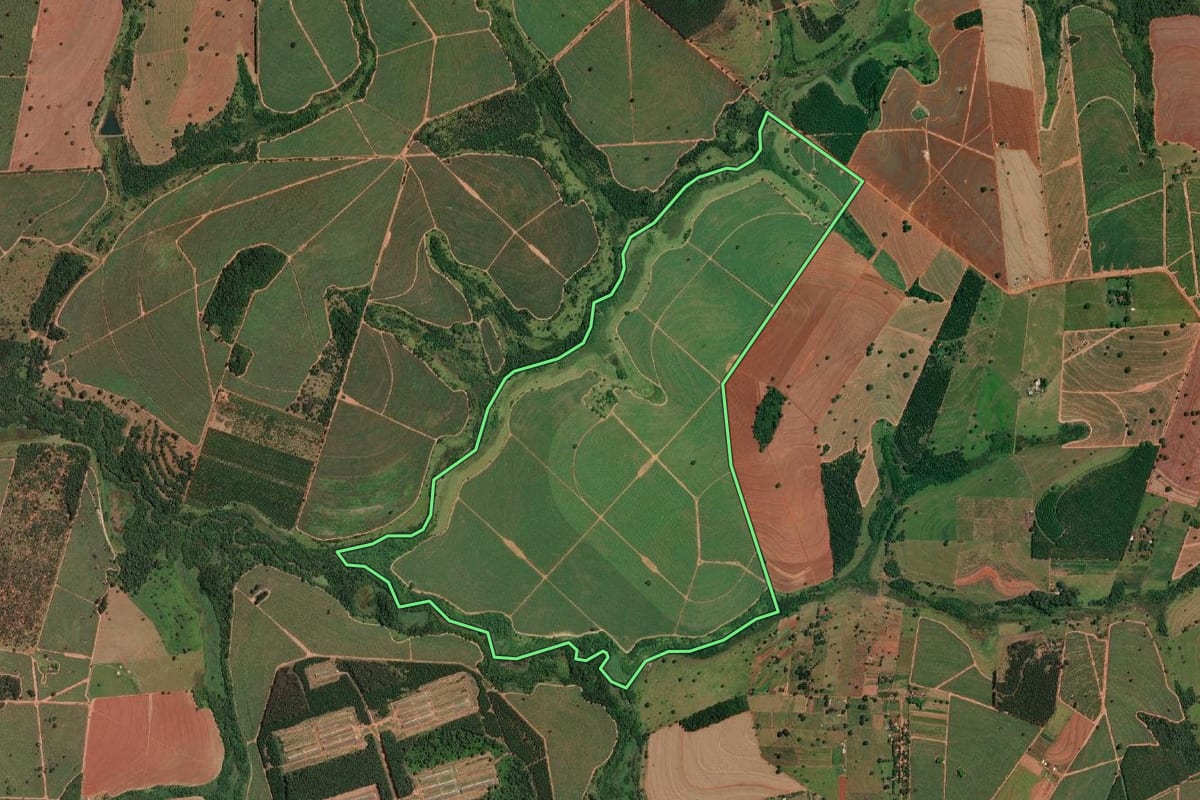 Imagem de satélite do imóvel rural em Nova Granada (SP), com o contorno declarado no CAR desenhado por cima.