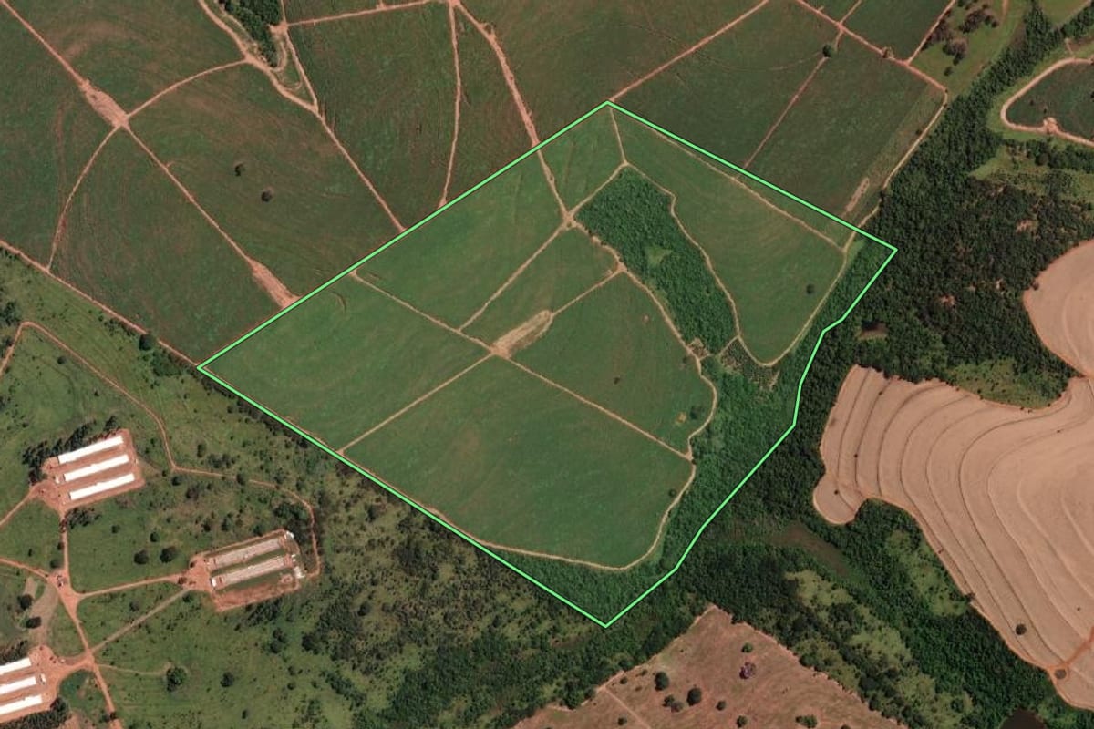 Imagem de satélite do imóvel rural em Nova Granada (SP), com o contorno declarado no CAR desenhado por cima.