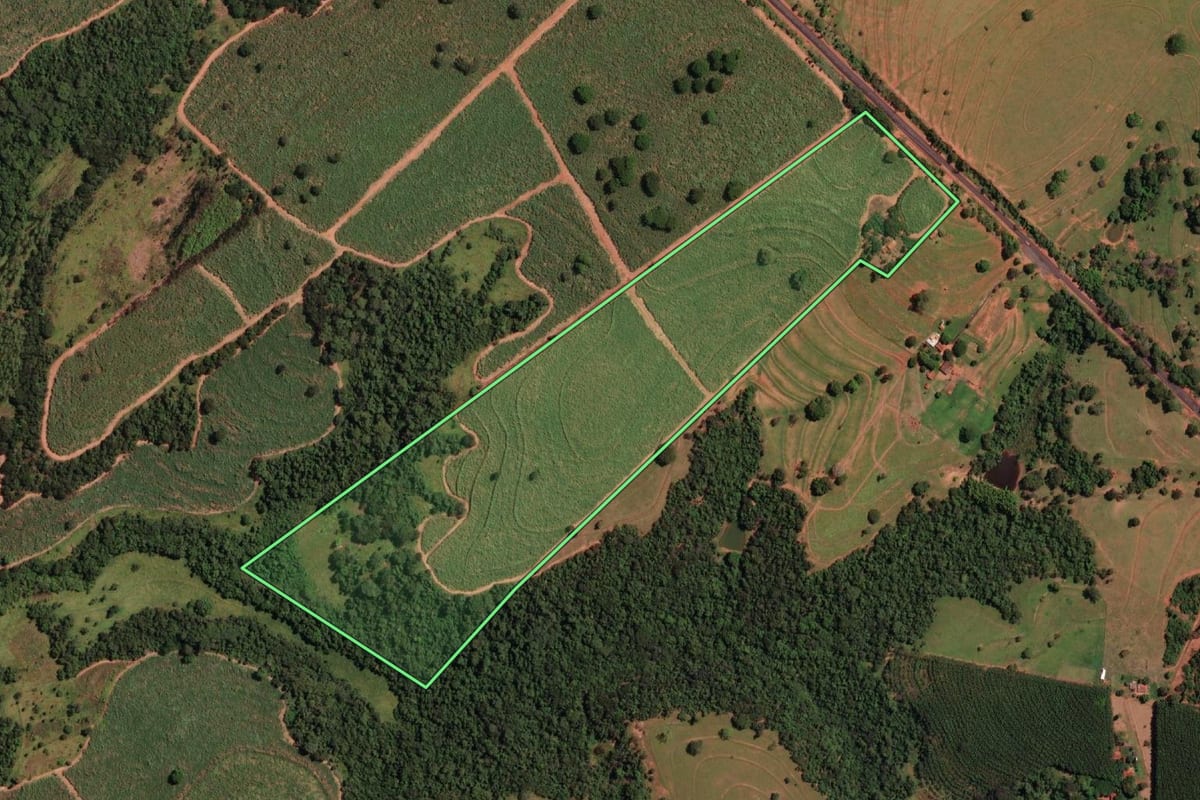 Imagem de satélite do imóvel rural em Nova Granada (SP), com o contorno declarado no CAR desenhado por cima.
