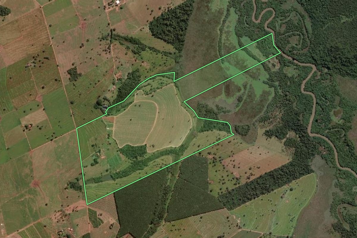 Imagem de satélite do imóvel rural em Nova Granada (SP), com o contorno declarado no CAR desenhado por cima.
