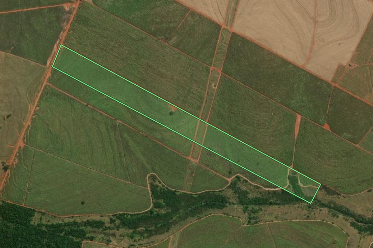 Imagem de satélite do imóvel rural em Nova Guataporanga (SP), com o contorno declarado no CAR desenhado por cima.