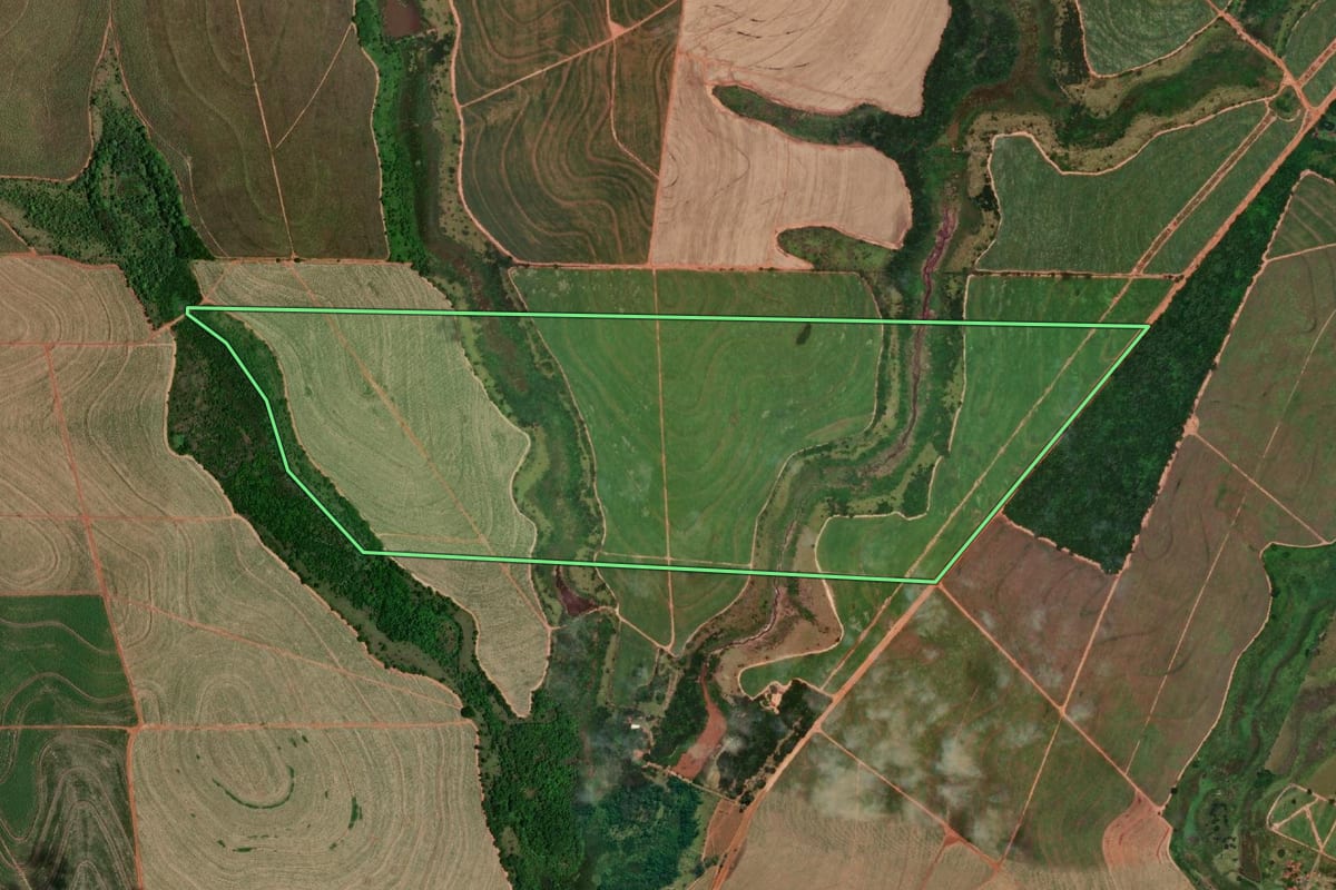 Imagem de satélite do imóvel rural em Nova Independência (SP), com o contorno declarado no CAR desenhado por cima.