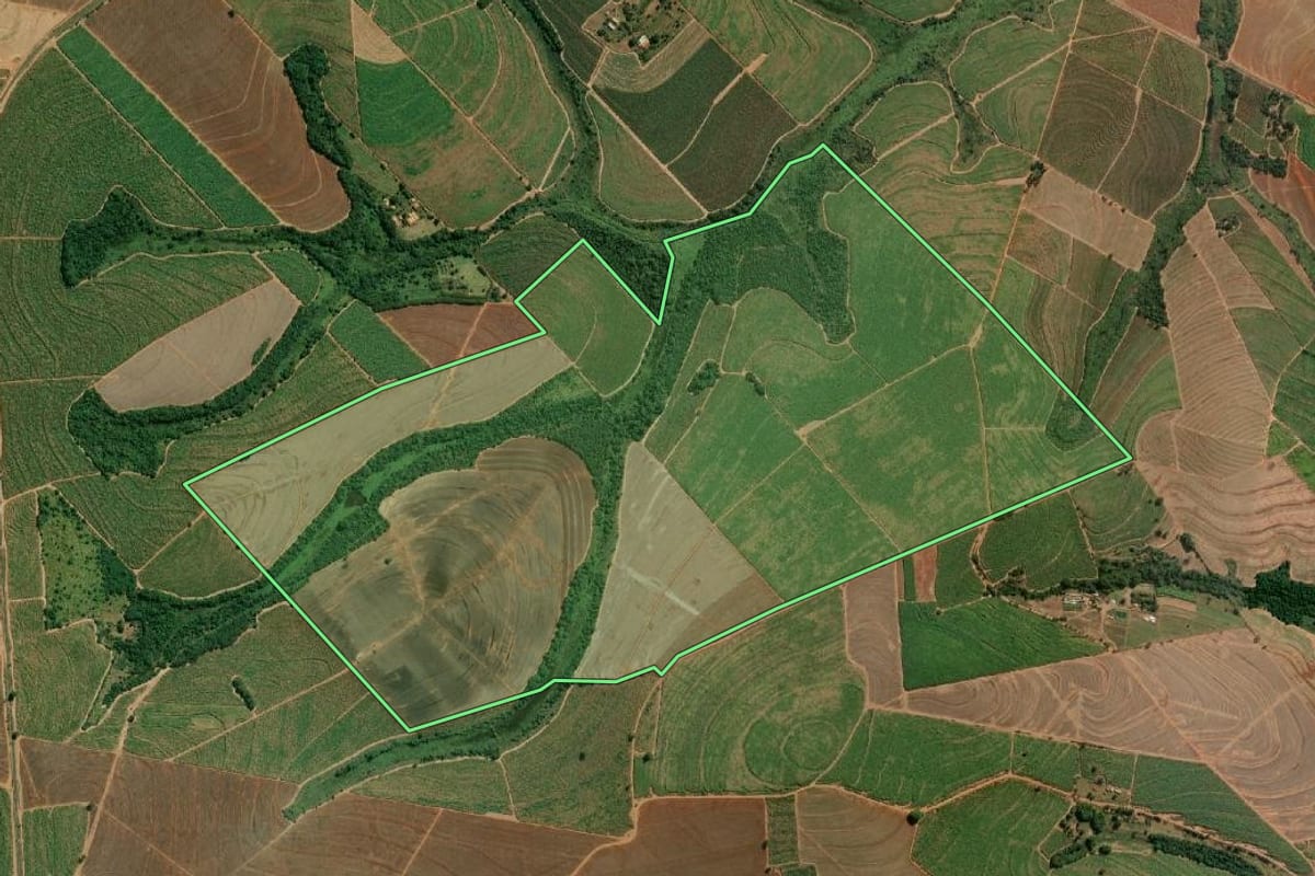 Imagem de satélite do imóvel rural em Novais (SP), com o contorno declarado no CAR desenhado por cima.