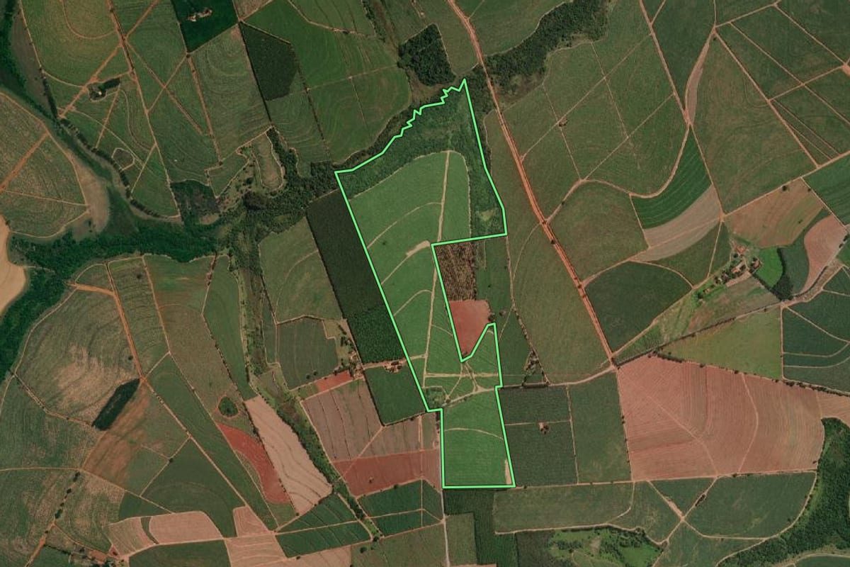 Imagem de satélite do imóvel rural em Novais (SP), com o contorno declarado no CAR desenhado por cima.