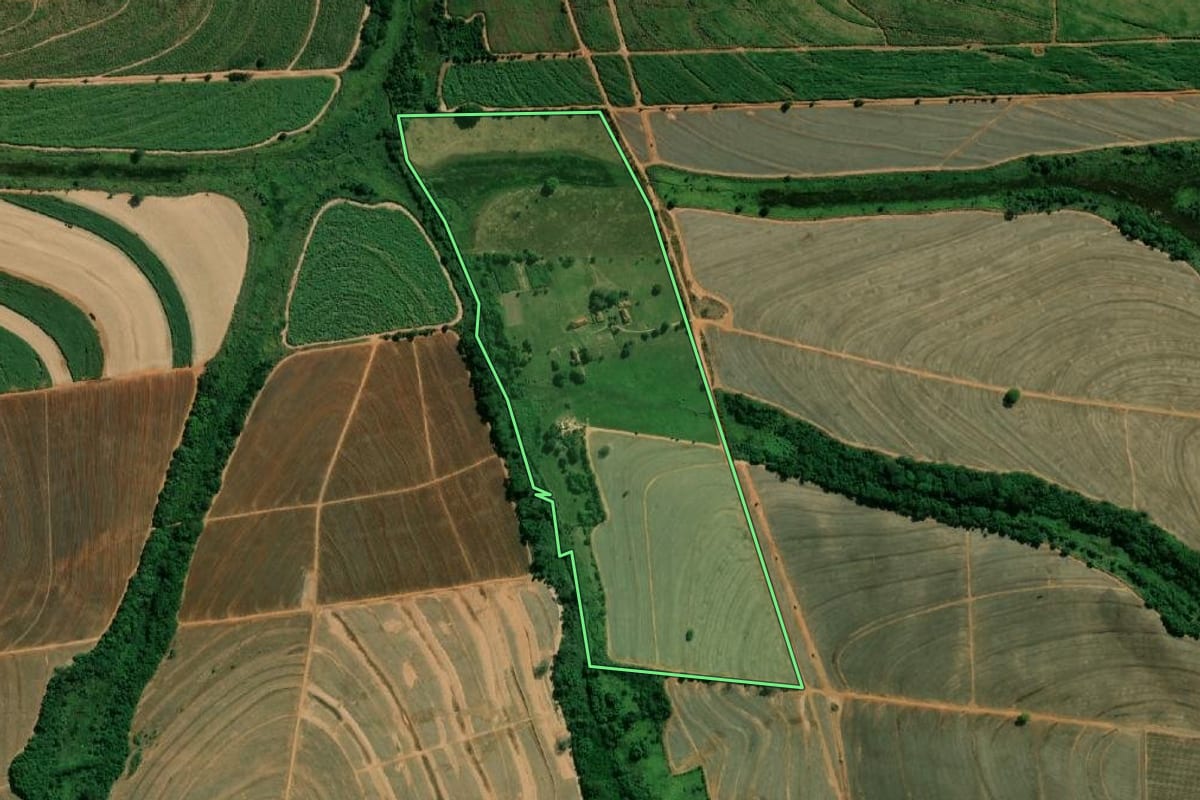 Imagem de satélite do imóvel rural em Novais (SP), com o contorno declarado no CAR desenhado por cima.