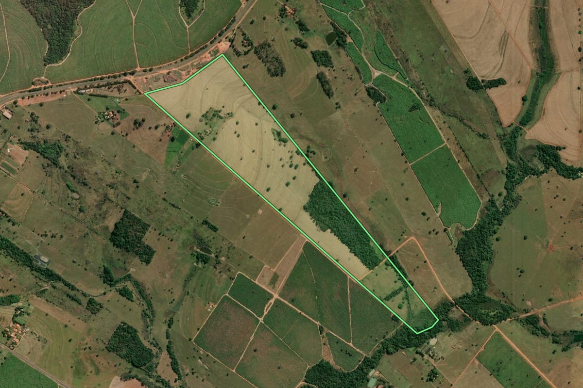 Imagem de satélite do imóvel rural em Nova Luzitânia (SP), com o contorno declarado no CAR desenhado por cima.