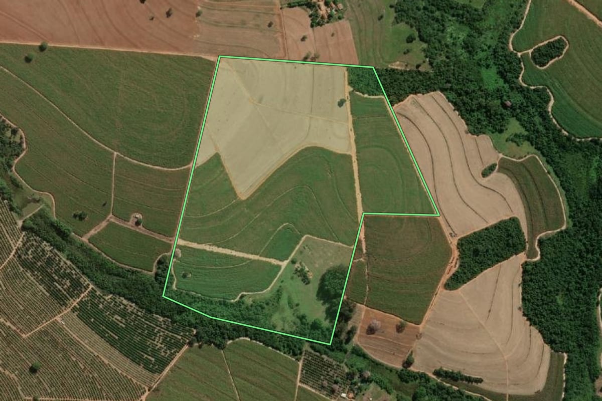 Imagem de satélite do imóvel rural em Novo Horizonte (SP), com o contorno declarado no CAR desenhado por cima.