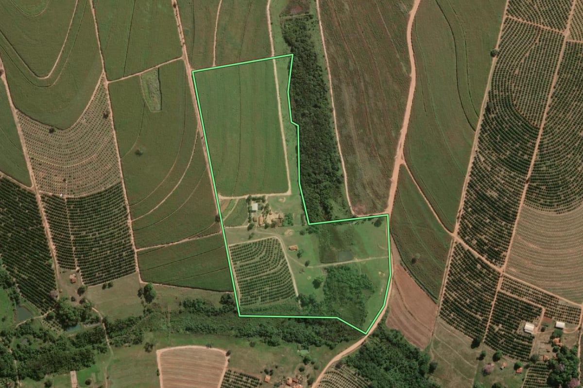 Imagem de satélite do imóvel rural em Novo Horizonte (SP), com o contorno declarado no CAR desenhado por cima.