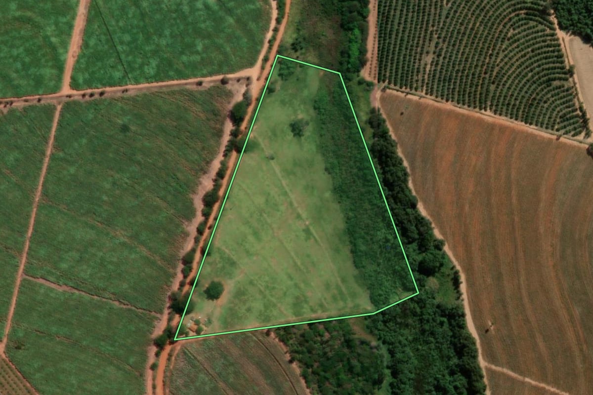 Imagem de satélite do imóvel rural em Novo Horizonte (SP), com o contorno declarado no CAR desenhado por cima.