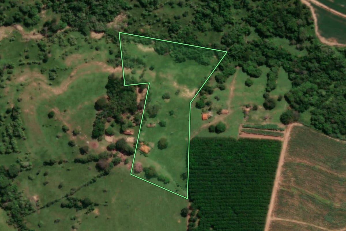 Imagem de satélite do imóvel rural em Novo Horizonte (SP), com o contorno declarado no CAR desenhado por cima.