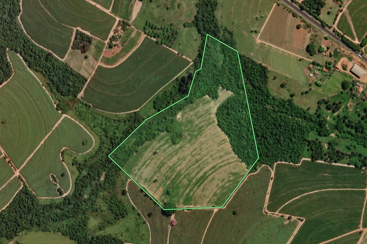 Imagem de satélite do imóvel rural em Novo Horizonte (SP), com o contorno declarado no CAR desenhado por cima.