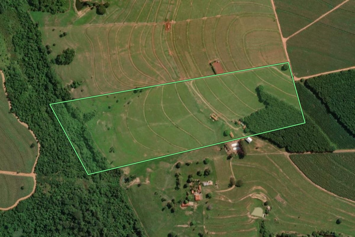 Imagem de satélite do imóvel rural em Novo Horizonte (SP), com o contorno declarado no CAR desenhado por cima.