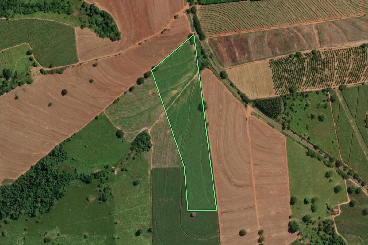 Imagem de satélite do imóvel rural em Novo Horizonte (SP), com o contorno declarado no CAR desenhado por cima.