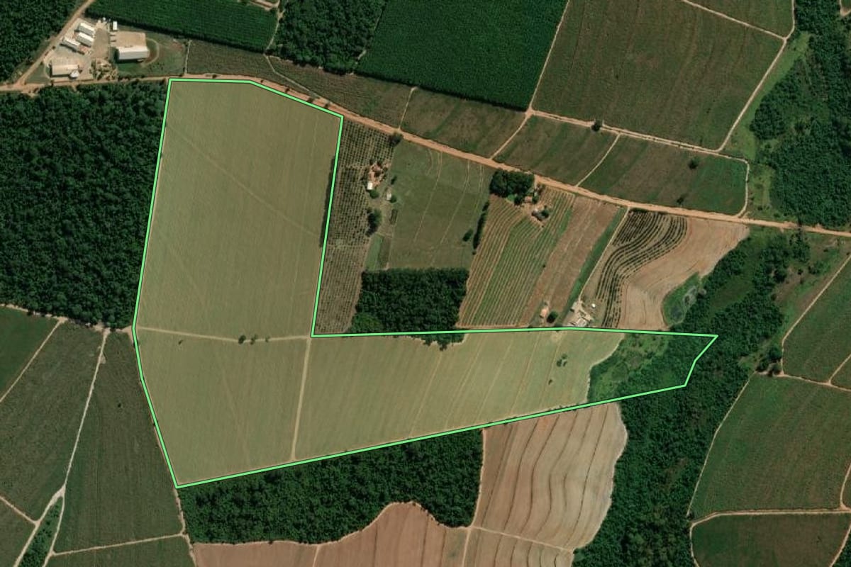 Imagem de satélite do imóvel rural em Novo Horizonte (SP), com o contorno declarado no CAR desenhado por cima.
