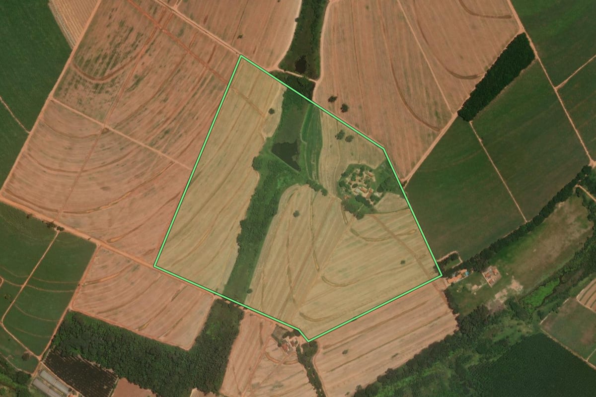 Imagem de satélite do imóvel rural em Novo Horizonte (SP), com o contorno declarado no CAR desenhado por cima.